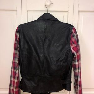 Leather jacket with red plaid sleeve
